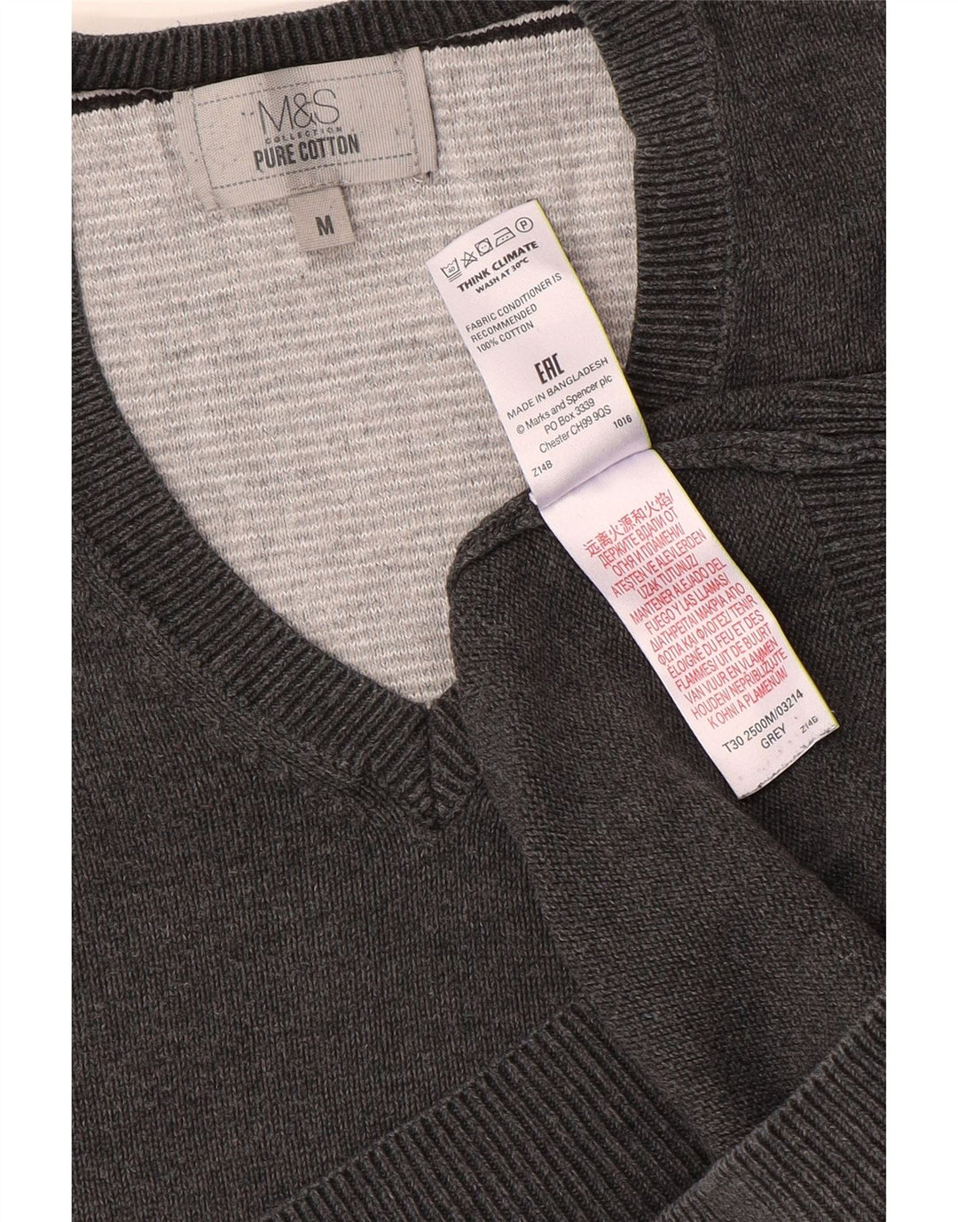 Suéter masculino Marks & Spencer com decote em V, algodão cinza médio