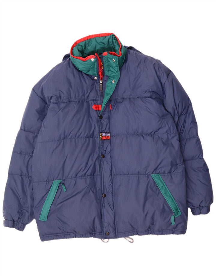 Jaqueta acolchoada com capuz masculina vintage UK 40 grande bloco colorido azul marinho