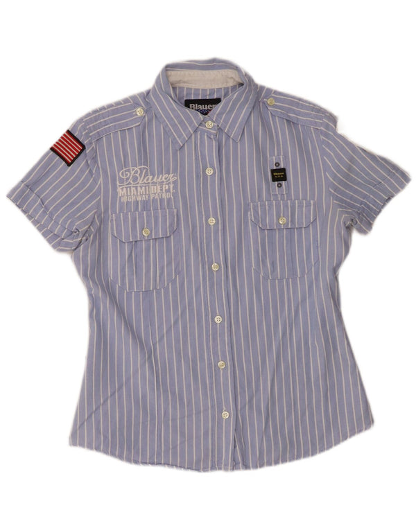 Camisa militar feminina de manga curta Blauer UK 14 grande algodão listrado azul