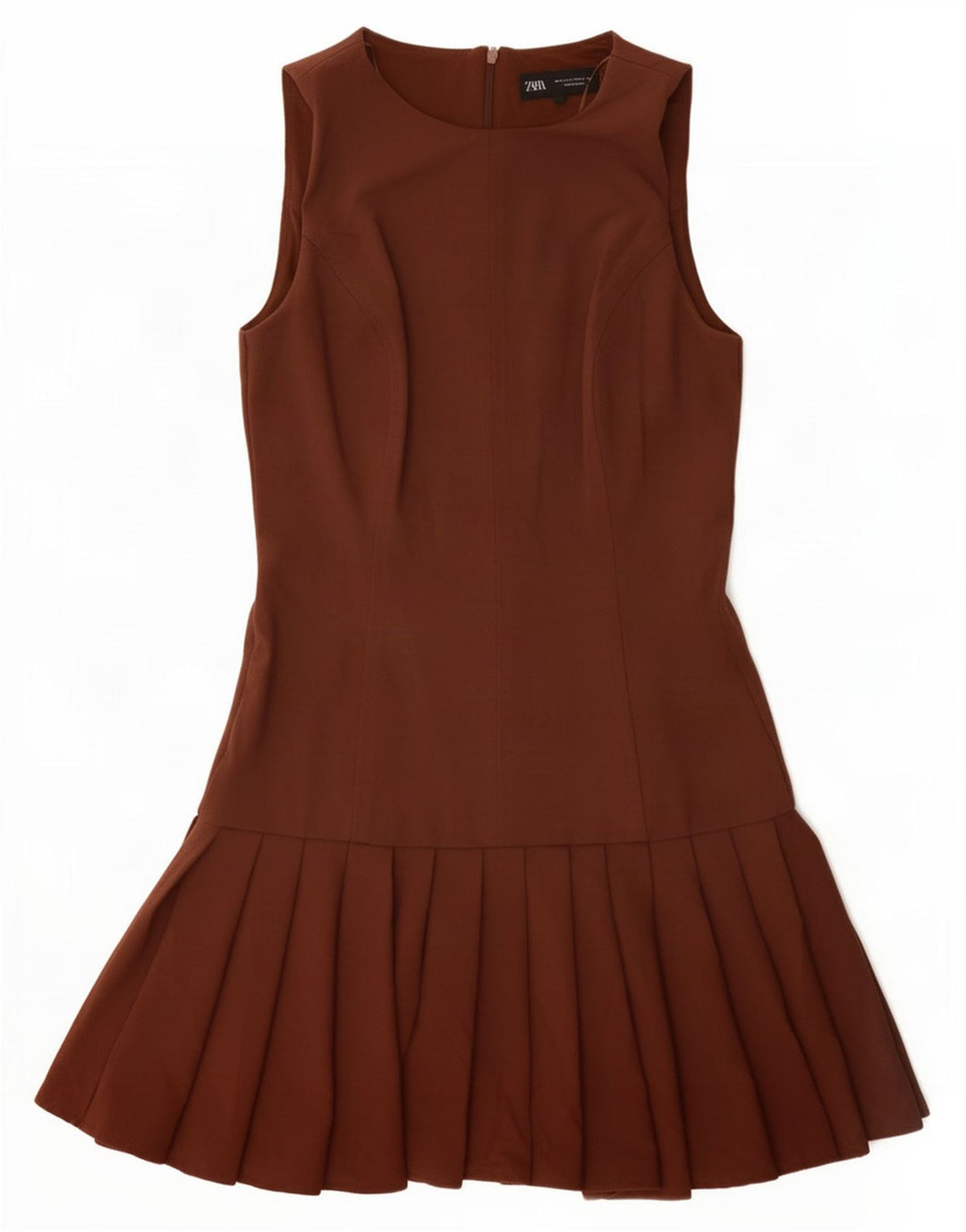 Vestido feminino Zara sem mangas evasê UK 10 pequeno poliéster marrom