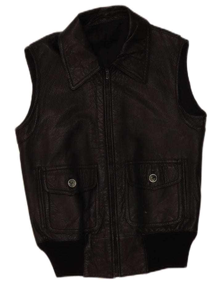 Colete de couro masculino vintage UK 36 pequeno couro preto
