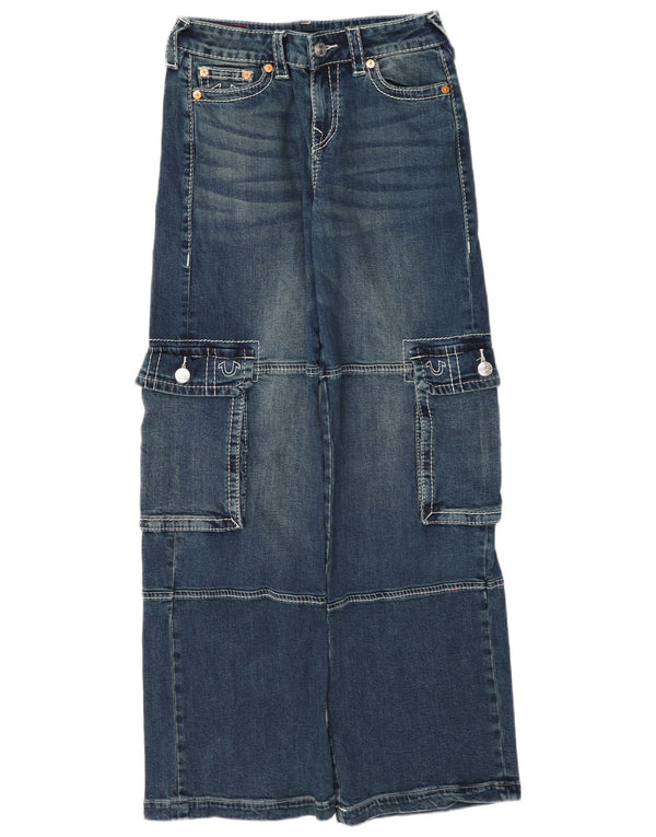 Calça jeans feminina cargo larga True Religion W26 L33 algodão azul
