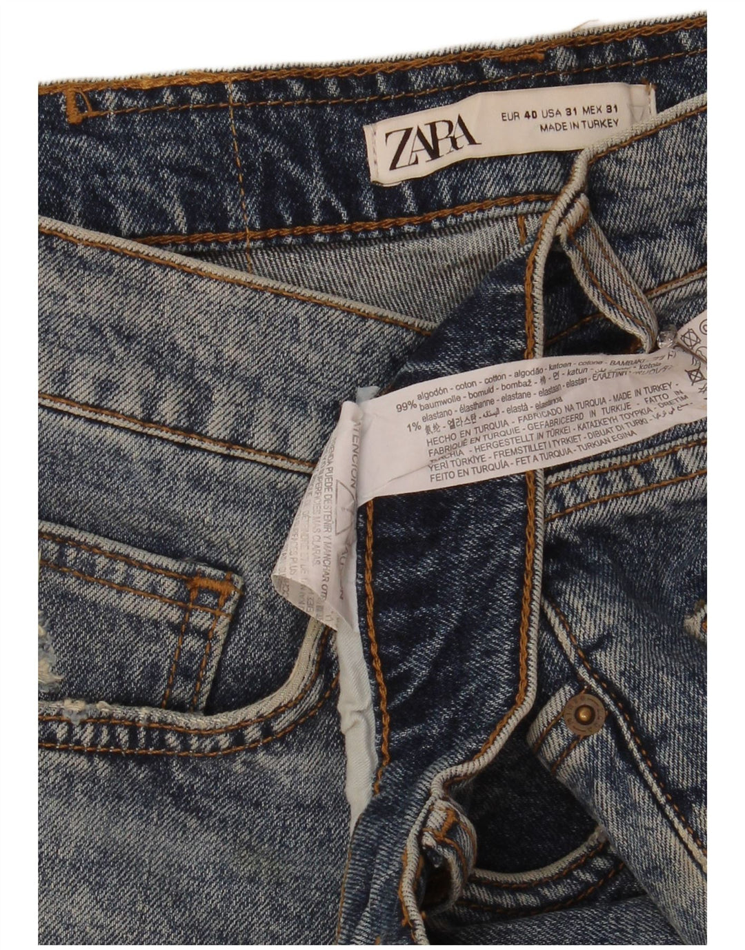 Zara Shorts jeans masculino desgastado UE 40 médio W31 algodão azul