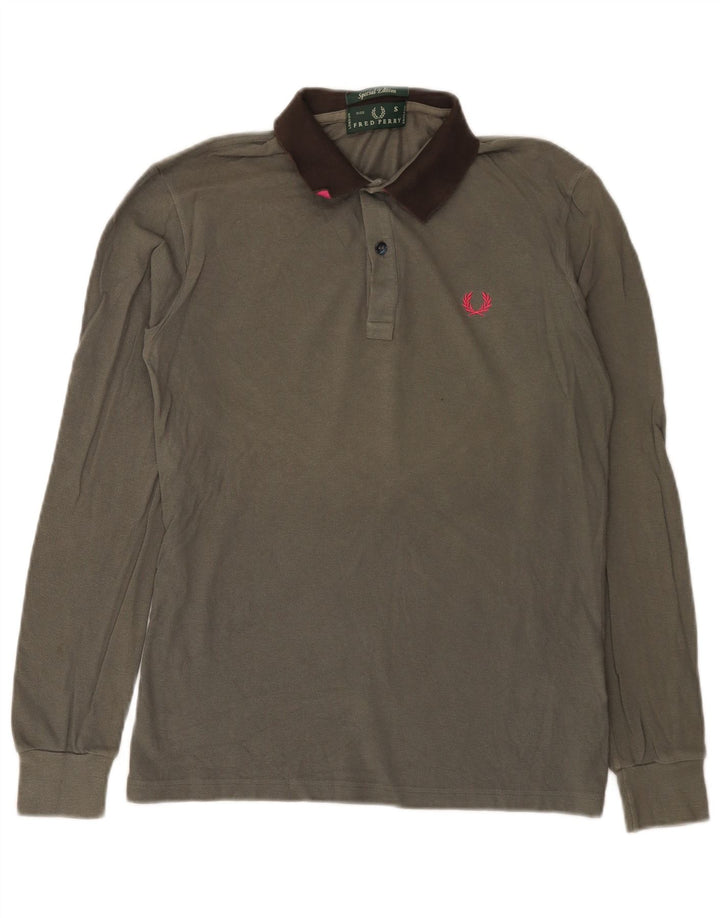 Camisa polo masculina de rugby de manga comprida Fred Perry pequena cinza algodão