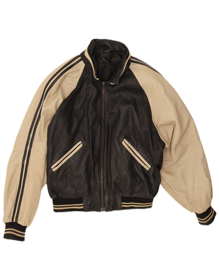 Jaqueta de couro masculina vintage UK 38 pele de cordeiro colorblock preta média