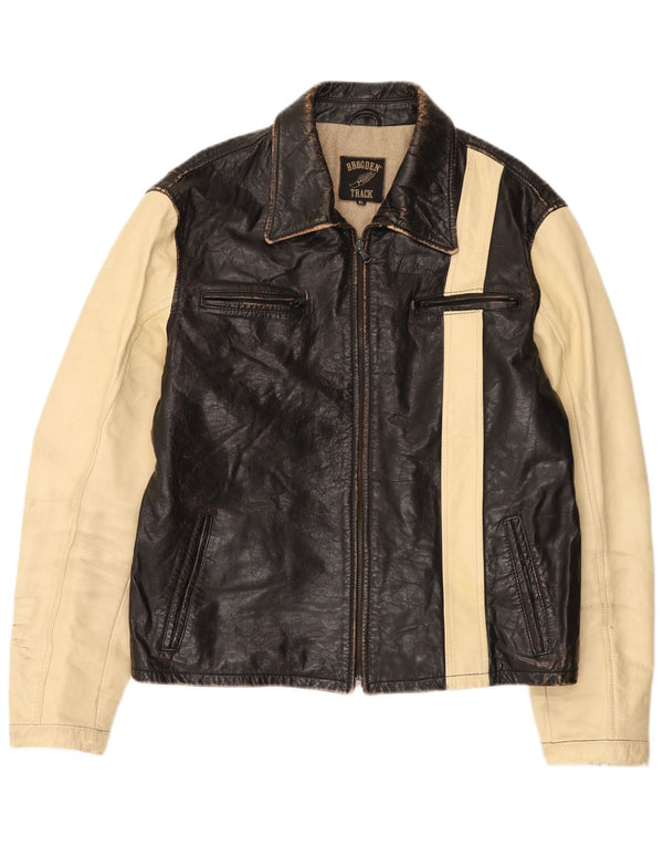 Jaqueta masculina de couro gráfico Brogden UK 42 XL marrom colorblock