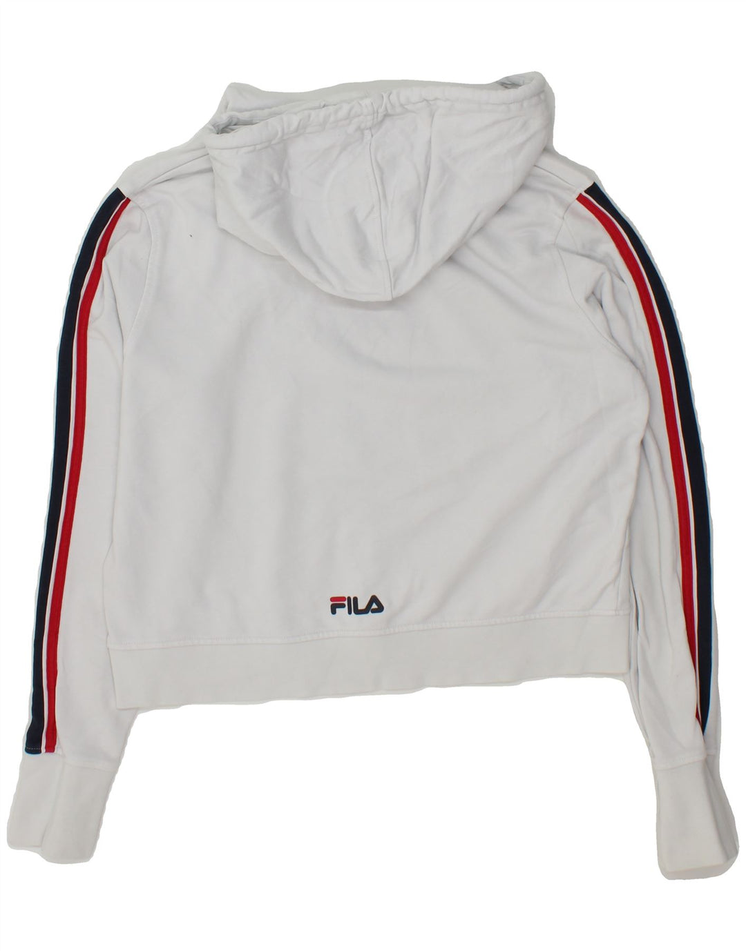 FILA Womens Graphic Crop Hoodie Jumper UK 14 Medium White Cotton Vintage Fila and Second-Hand Fila from Messina Hembry 