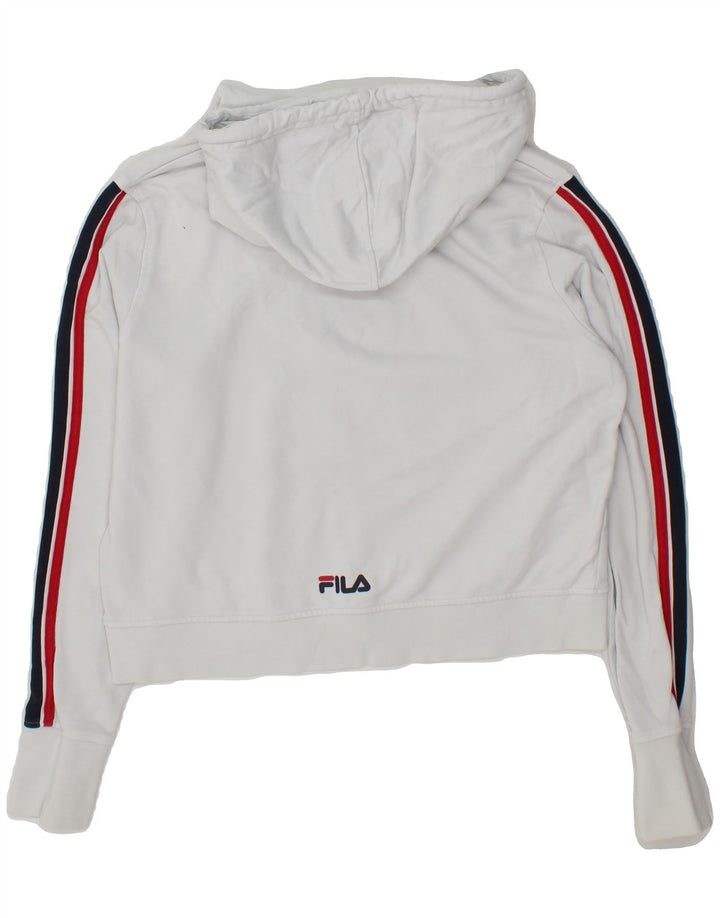 FILA Womens Graphic Crop Hoodie Jumper UK 14 Medium White Cotton Vintage Fila and Second-Hand Fila from Messina Hembry 