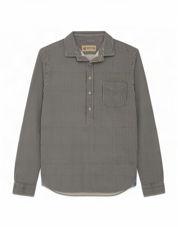 Camisa pulôver masculina vintage de algodão listrado azul médio