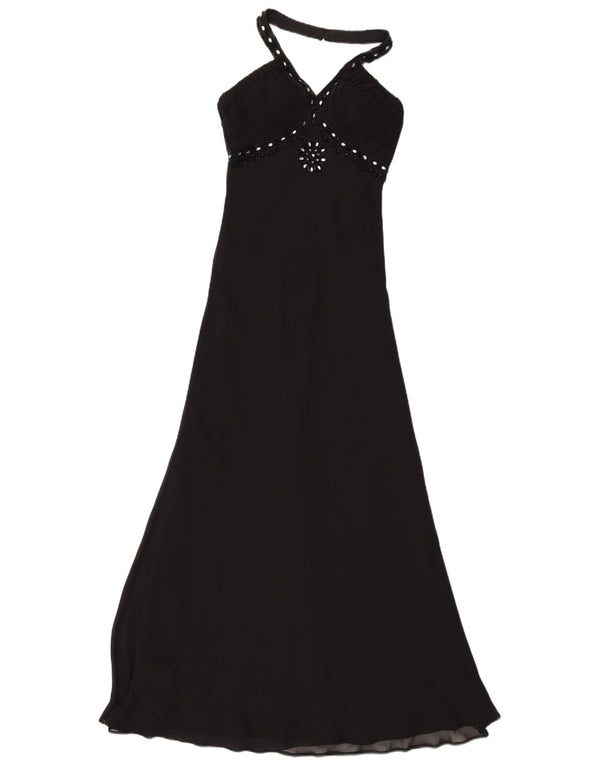 Vestido feminino vintage maxi halter UK 8 pequeno poliéster preto