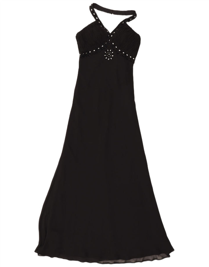 Vestido feminino vintage maxi halter UK 8 pequeno poliéster preto