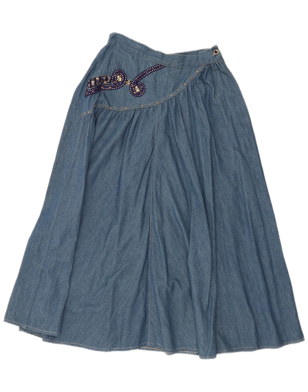 Saia jeans feminina vintage IT 44 médio W26 algodão paisley azul