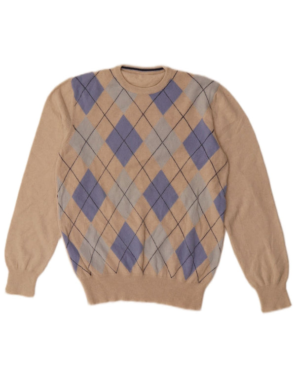Suéter feminino vintage com gola redonda Reino Unido 8 pequeno bege argyle/diamante