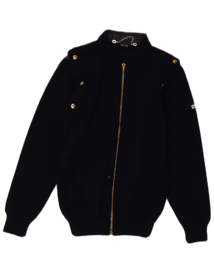 Suéter cardigã feminino vintage Reino Unido 12 médio azul marinho lã nova