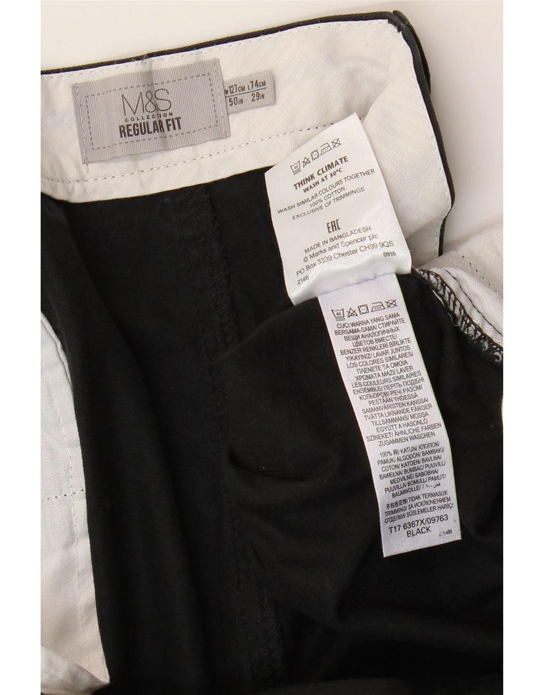 Calça Chino Masculina Marks & Spencer Regular Fit W50 L29 Algodão Preto