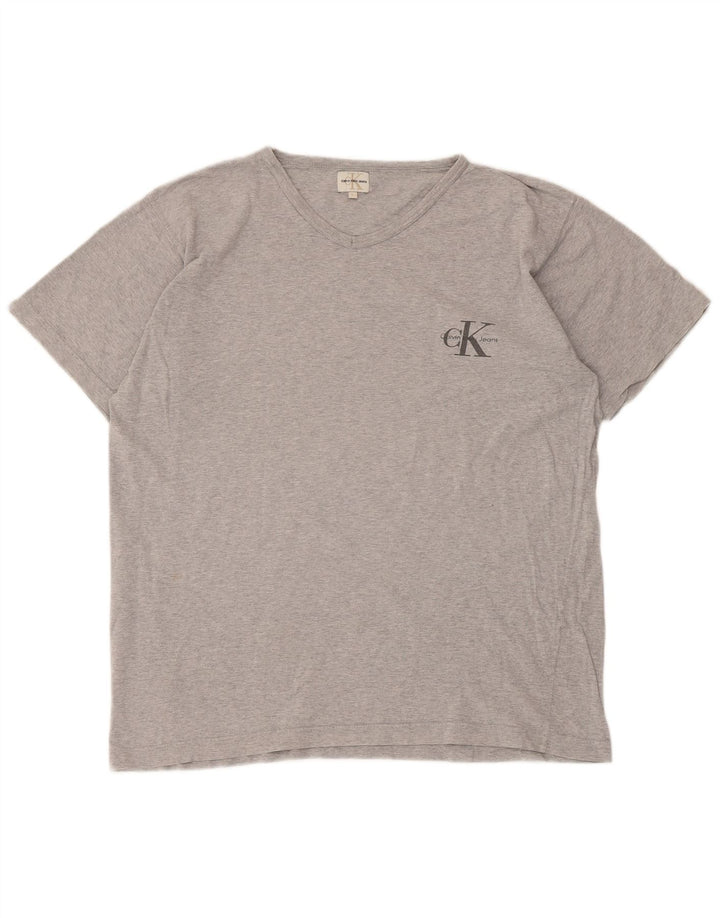 Camiseta masculina Calvin Klein Jeans grande cinza manchada