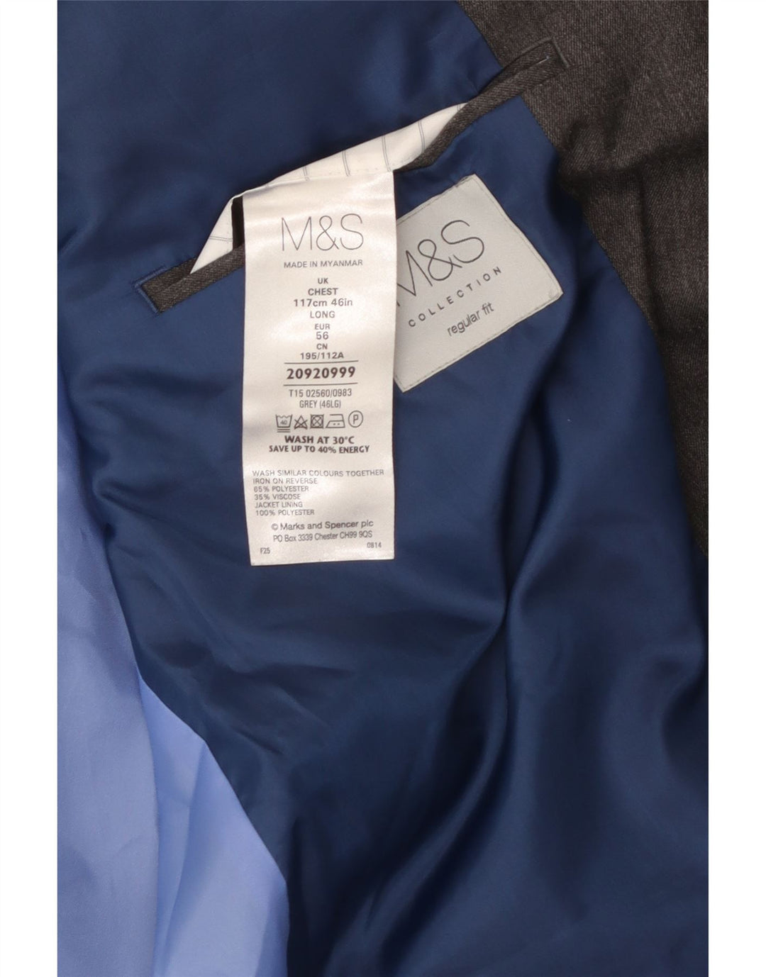 Jaqueta blazer masculina MARKS & SPENCER com 2 botões de ajuste regular Reino Unido 46 XL cinza