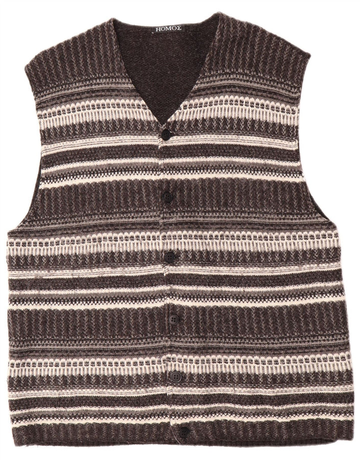 Suéter cardigã masculino vintage sem mangas grande lã listrada cinza
