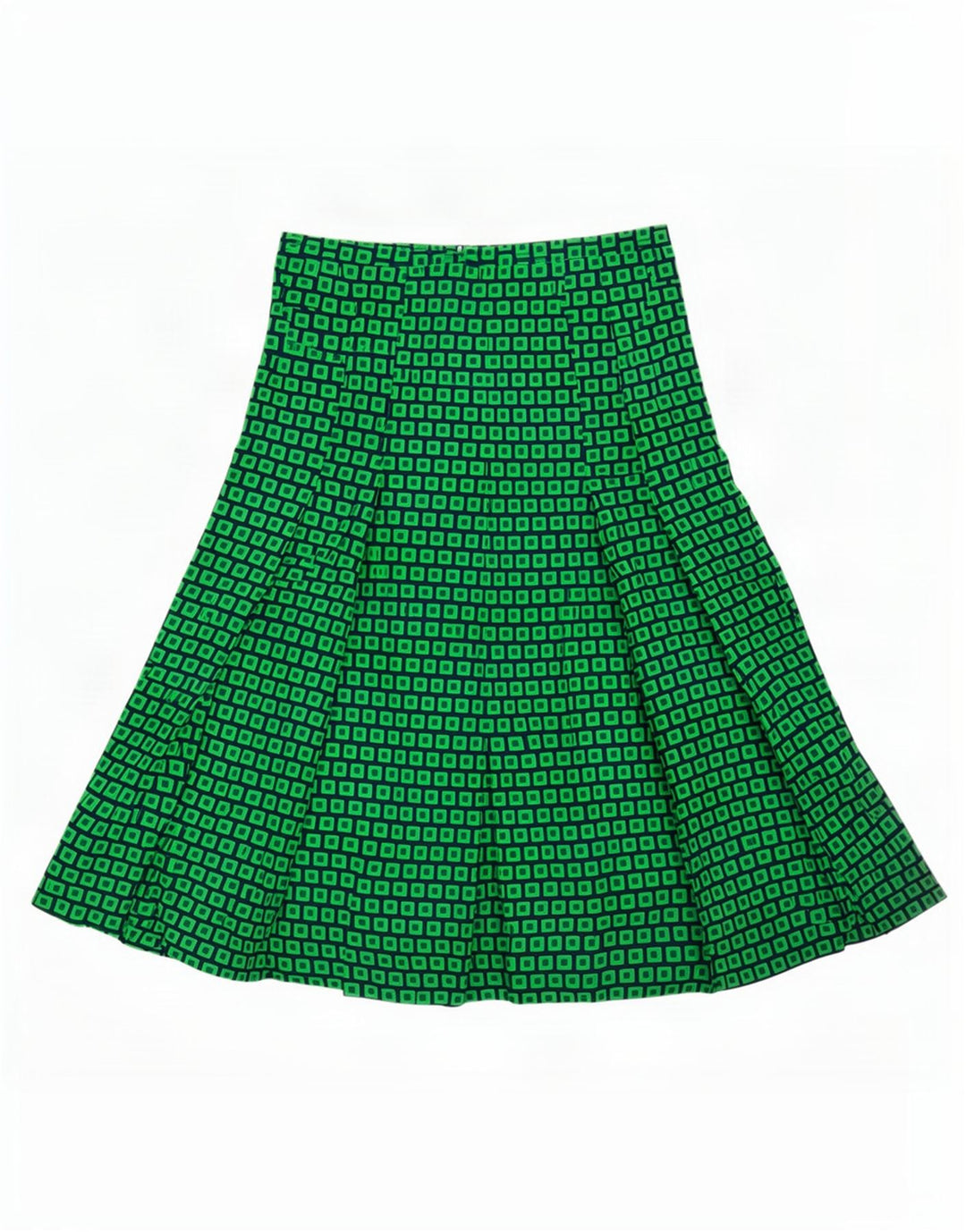 Saia feminina vintage evasê EU 40 médio W28 poliéster geométrico verde