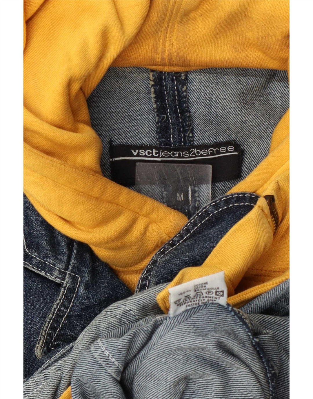 Jaqueta jeans masculina com capuz gráfico VSCT UK 38 algodão colorblock azul médio