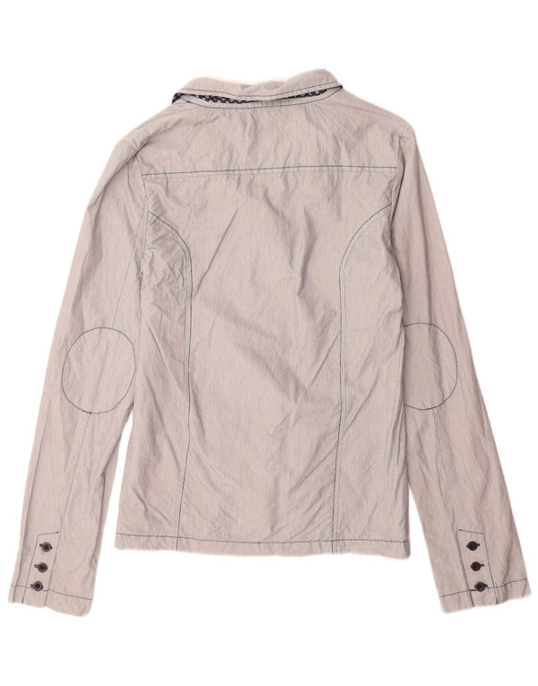 Jaqueta blazer feminina de 3 botões do Pólo Norte Reino Unido 16 grande algodão listrado azul