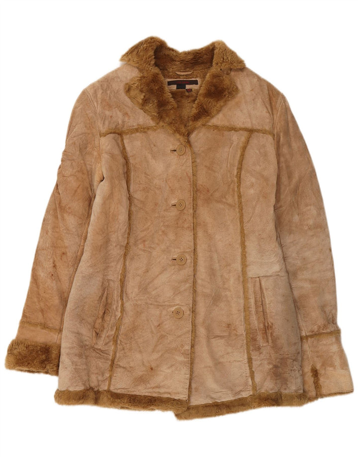 Zara Womens Shearling Jacket Reino Unido 14 Couro Bege Médio