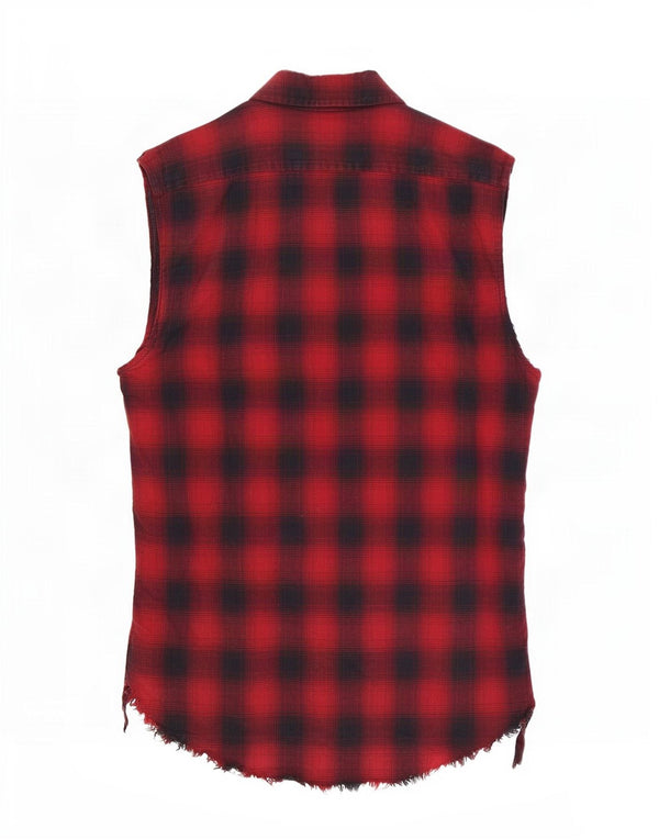 Zara Camisa masculina sem mangas de flanela regular fit médio xadrez vermelho