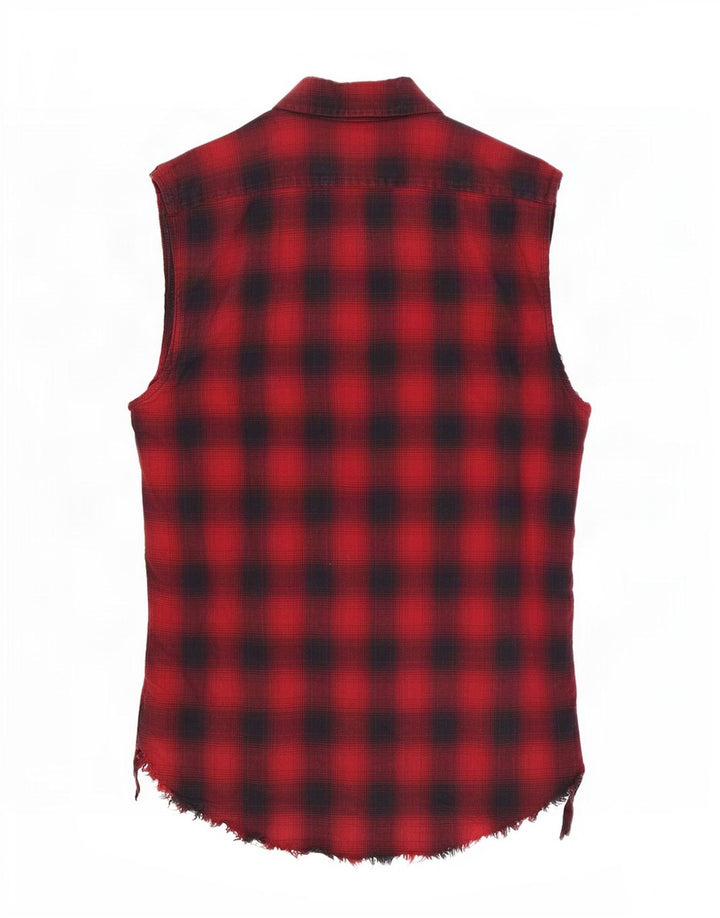 Zara Camisa masculina sem mangas de flanela regular fit médio xadrez vermelho
