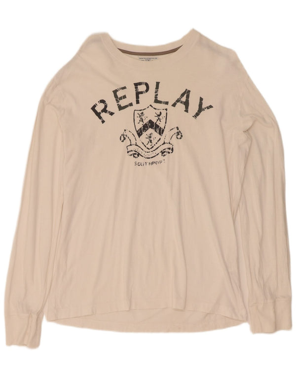 Replay Mens Graphic Top Long Sleeve Large White Cotton
