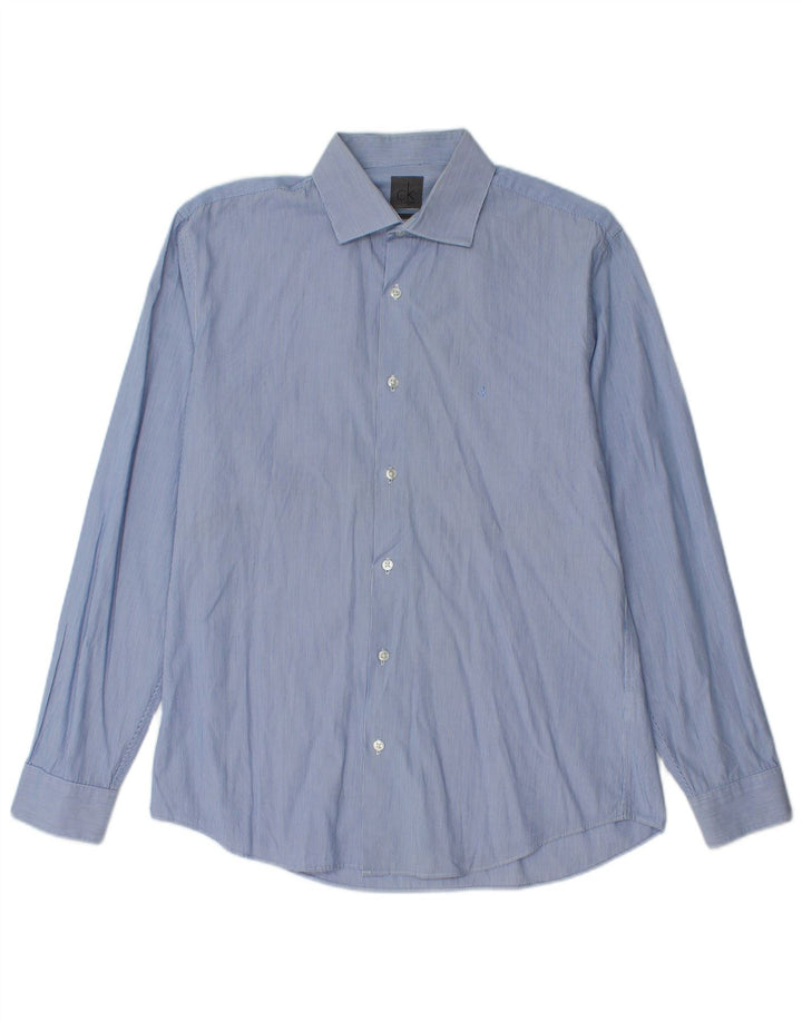 Camisa justa masculina Calvin Klein tamanho 40 15 3/4 risca de giz azul médio