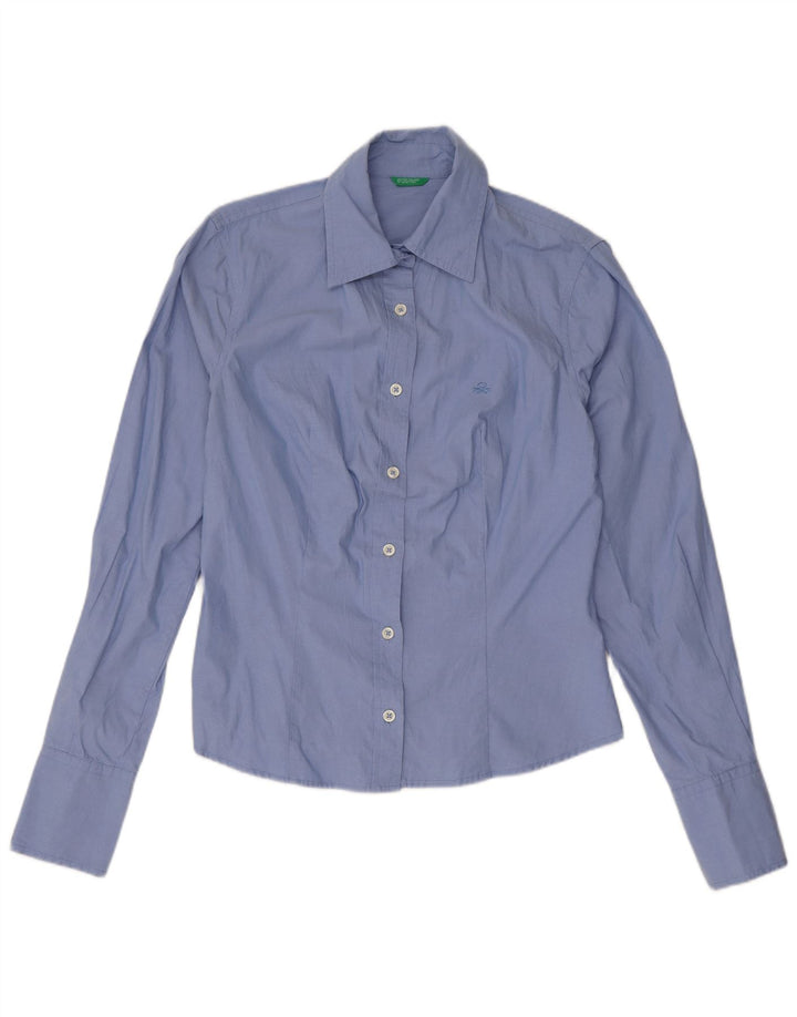 Camisa Benetton Mulher UK 10 Pequena Azul Algodão