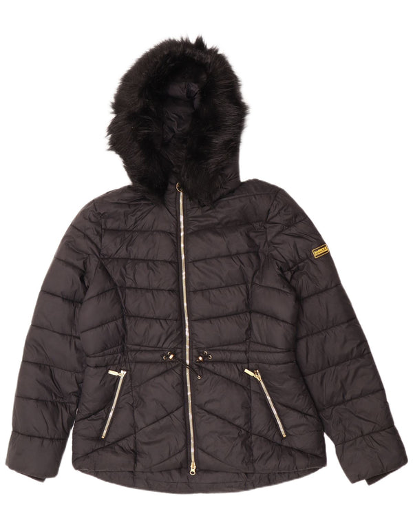 Jaqueta acolchoada com capuz feminina Barbour UK 14 grande poliamida preta