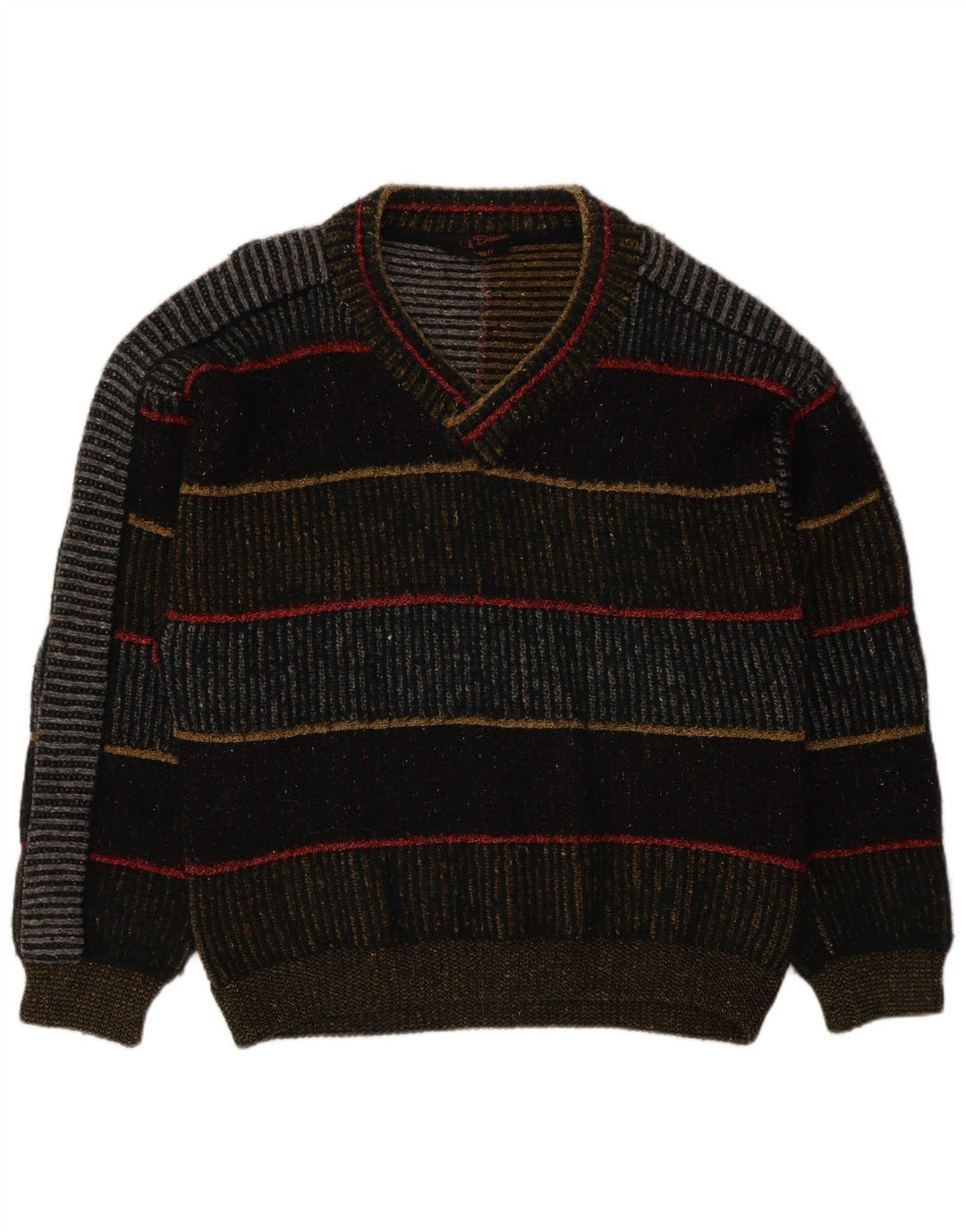 Suéter vintage masculino com decote em V, grande lã listrada multicolorida
