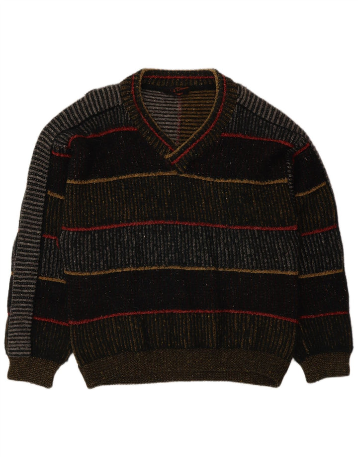 Suéter vintage masculino com decote em V, grande lã listrada multicolorida