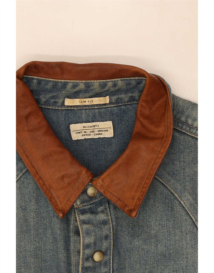 Camisa jeans masculina All Saints Slim Fit de algodão azul médio