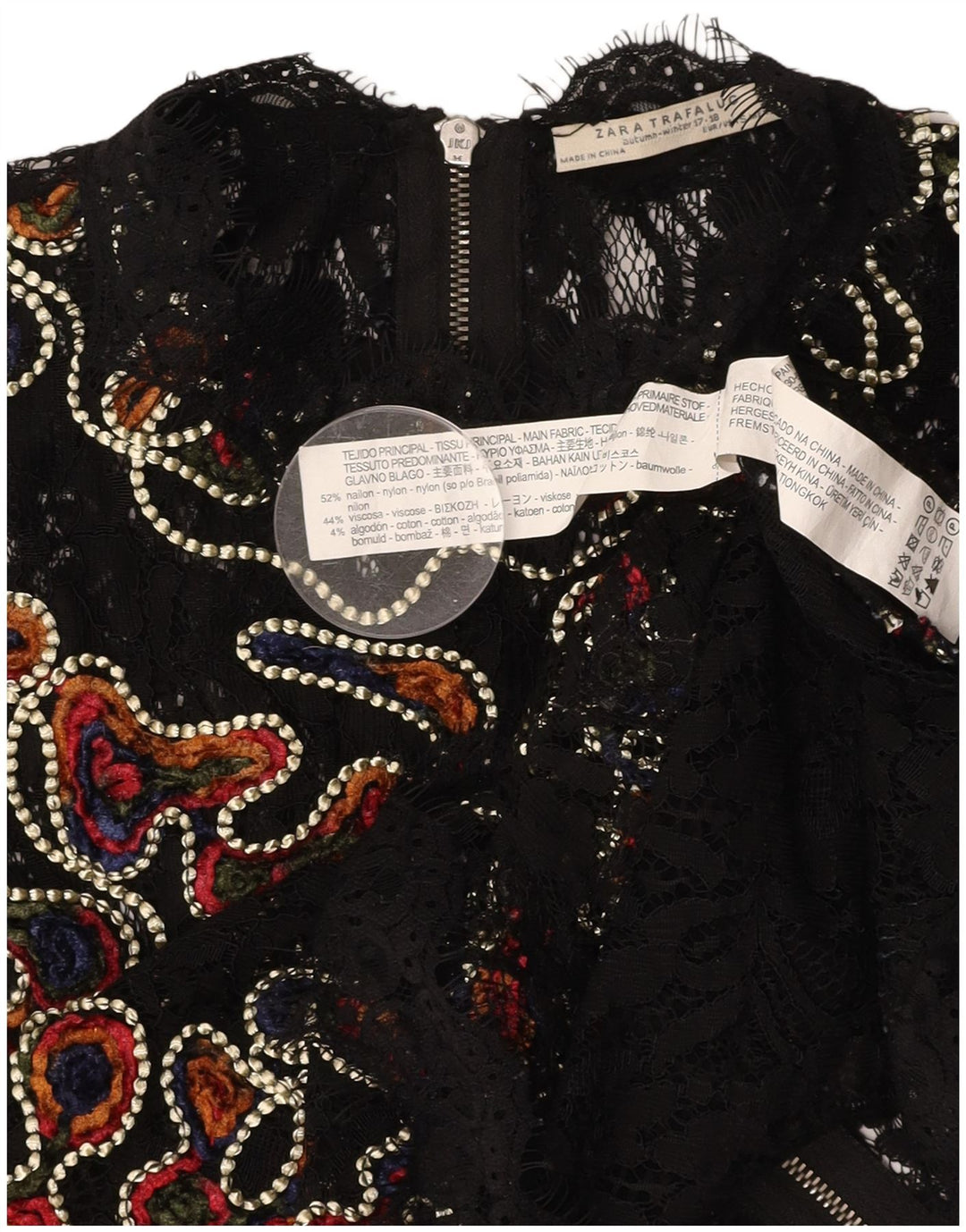 Blusa feminina de renda transparente ZARA Reino Unido 10 pequena preta floral de nylon