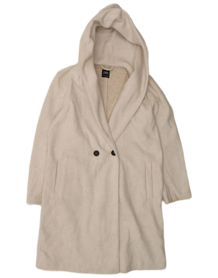 Casaco feminino Zara com capuz grande e trespassado duplo Reino Unido 10 pequeno off white