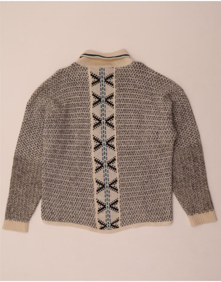 Suéter vintage masculino com gola redonda e lã geométrica grande cinza
