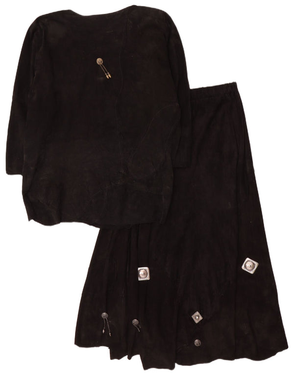 Conjunto de saia feminina vintage de camurça com manga 3/4 e 2 peças Reino Unido 12 médio W28 preto