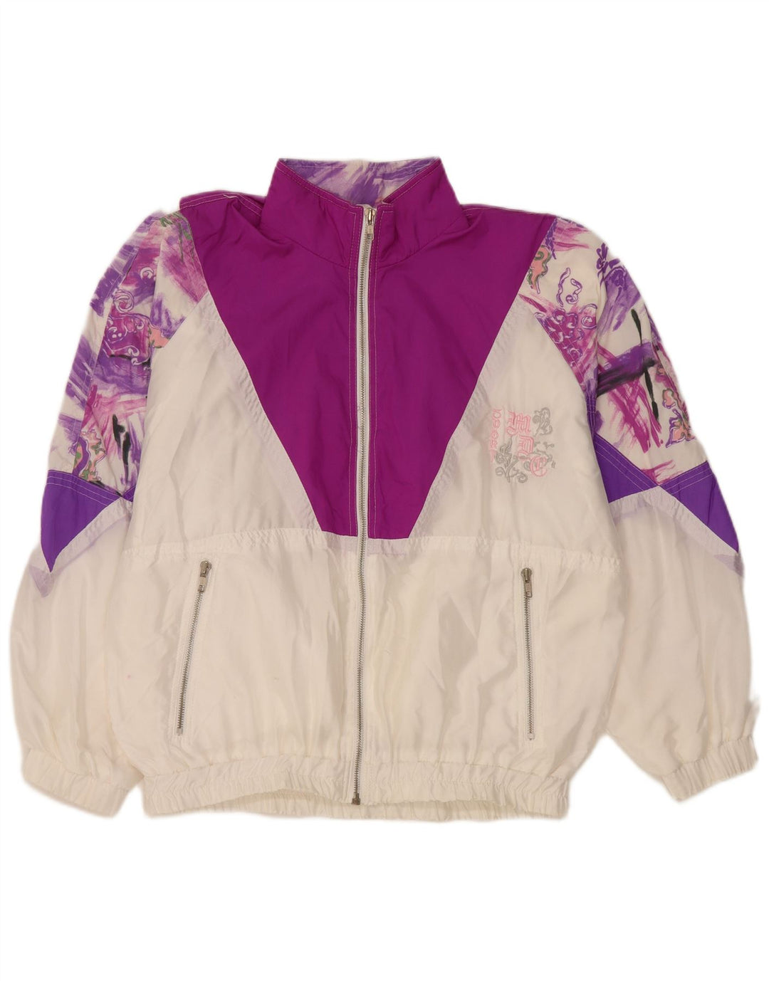 Jaqueta feminina vintage de grandes dimensões, bloco colorido branco pequeno EU 36