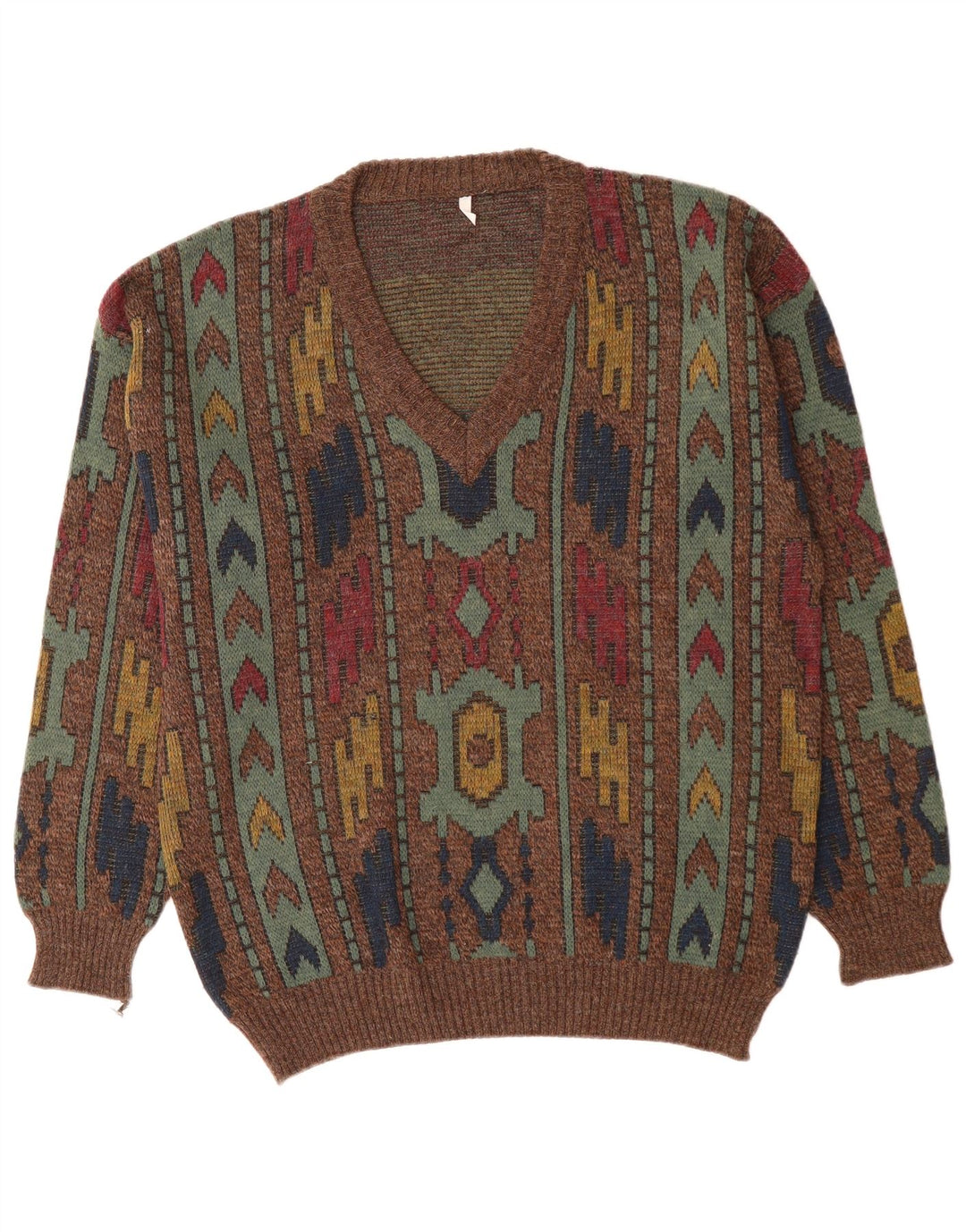 Suéter masculino VINTAGE com decote em V IT 50 médio marrom geométrico