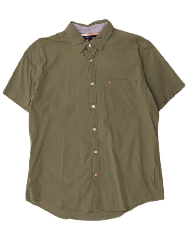 Tommy Hilfiger Camisa masculina de manga curta slim fit grande algodão verde