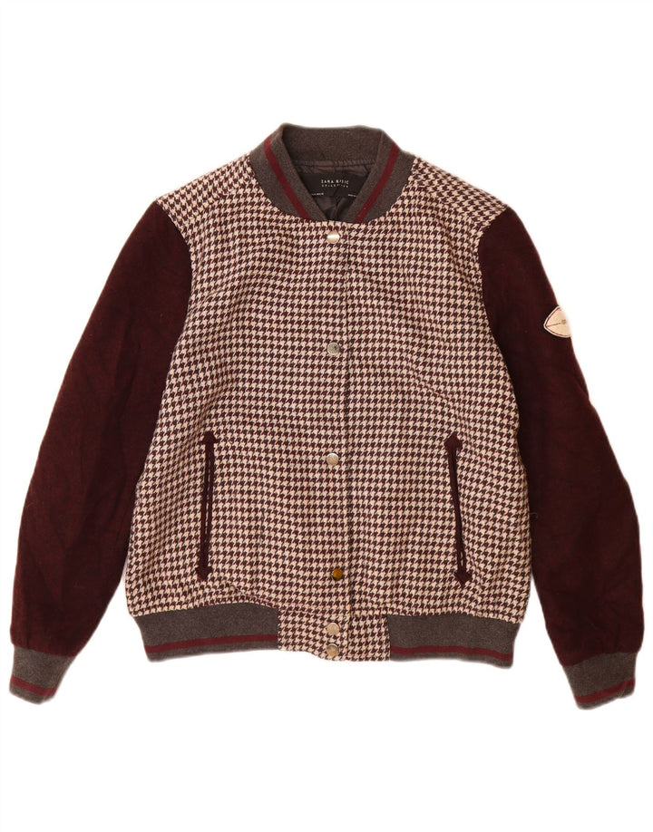 Zara Womens Varsity Jacket UK 14 Médio Marrom Houndstooth Acrílico