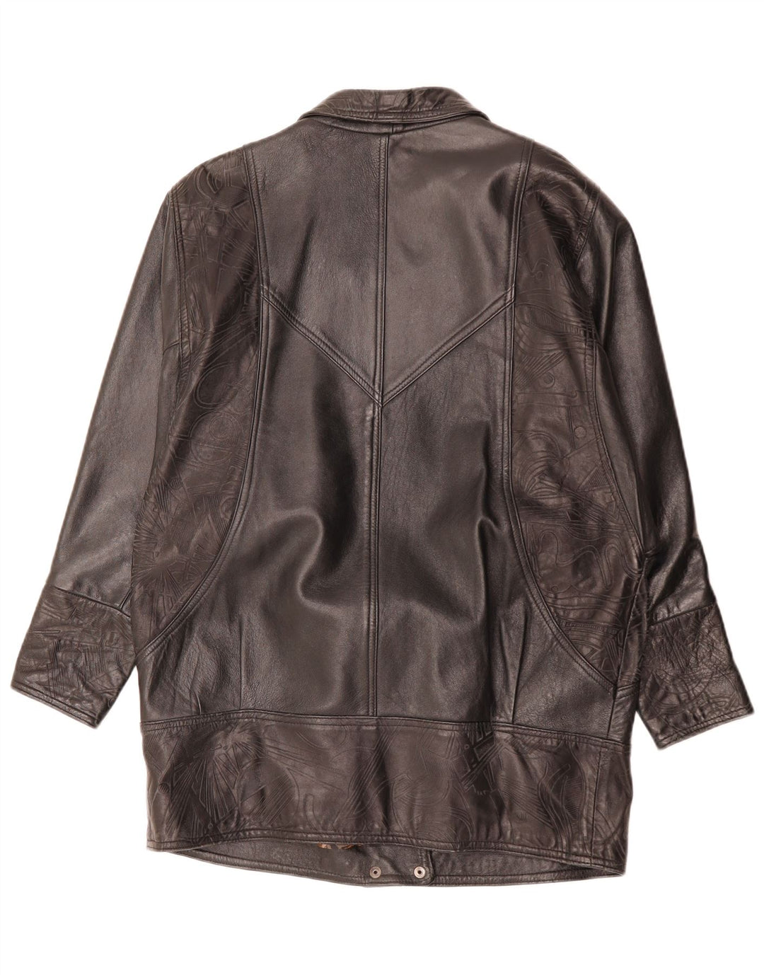 Casaco de couro feminino vintage Reino Unido 14 grande couro geométrico preto