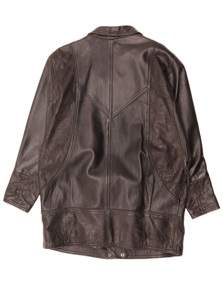 Casaco de couro feminino vintage Reino Unido 14 grande couro geométrico preto