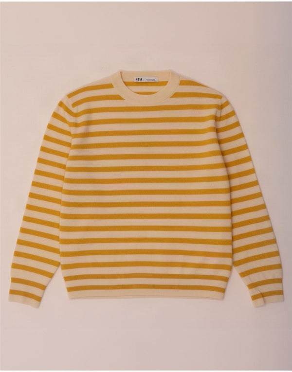 Zara Suéter feminino com gola redonda e gola redonda, poliamida listrada amarela média, Reino Unido 14