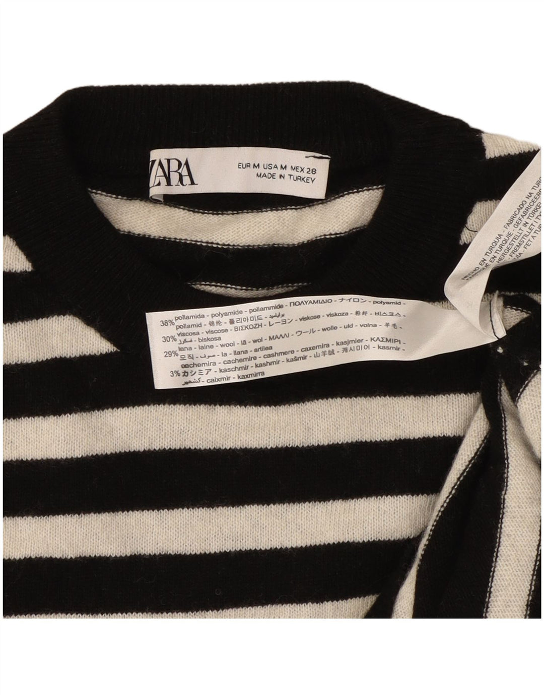 Zara Suéter feminino com gola redonda e gola redonda, poliamida listrada preta média UK 14