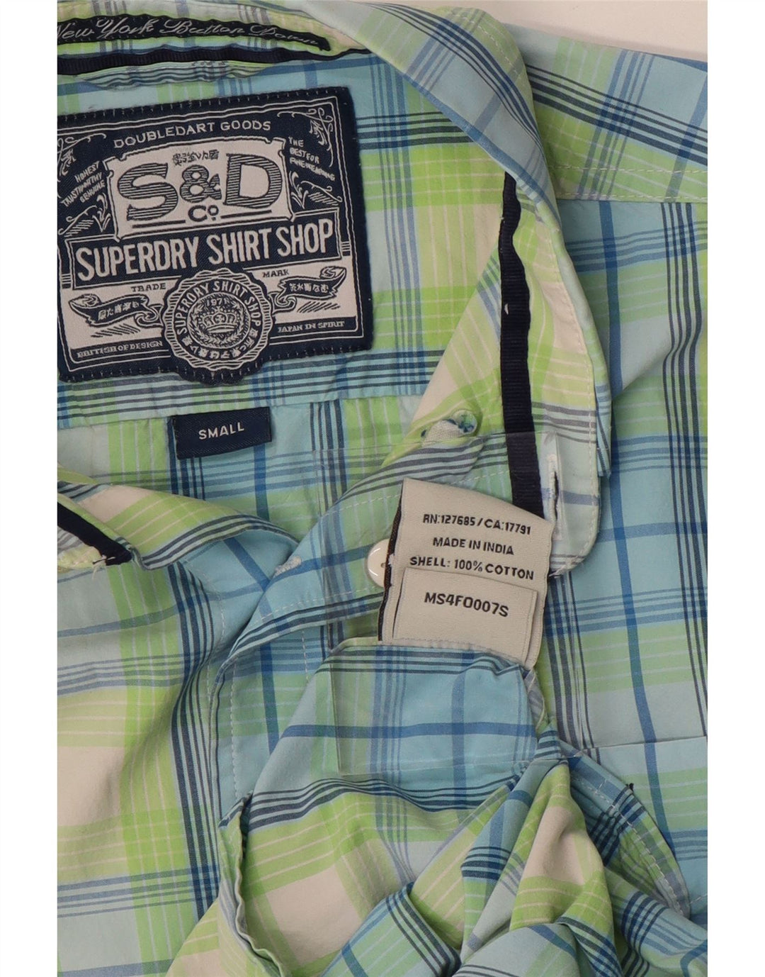 Camisa masculina Superdry pequena xadrez verde algodão