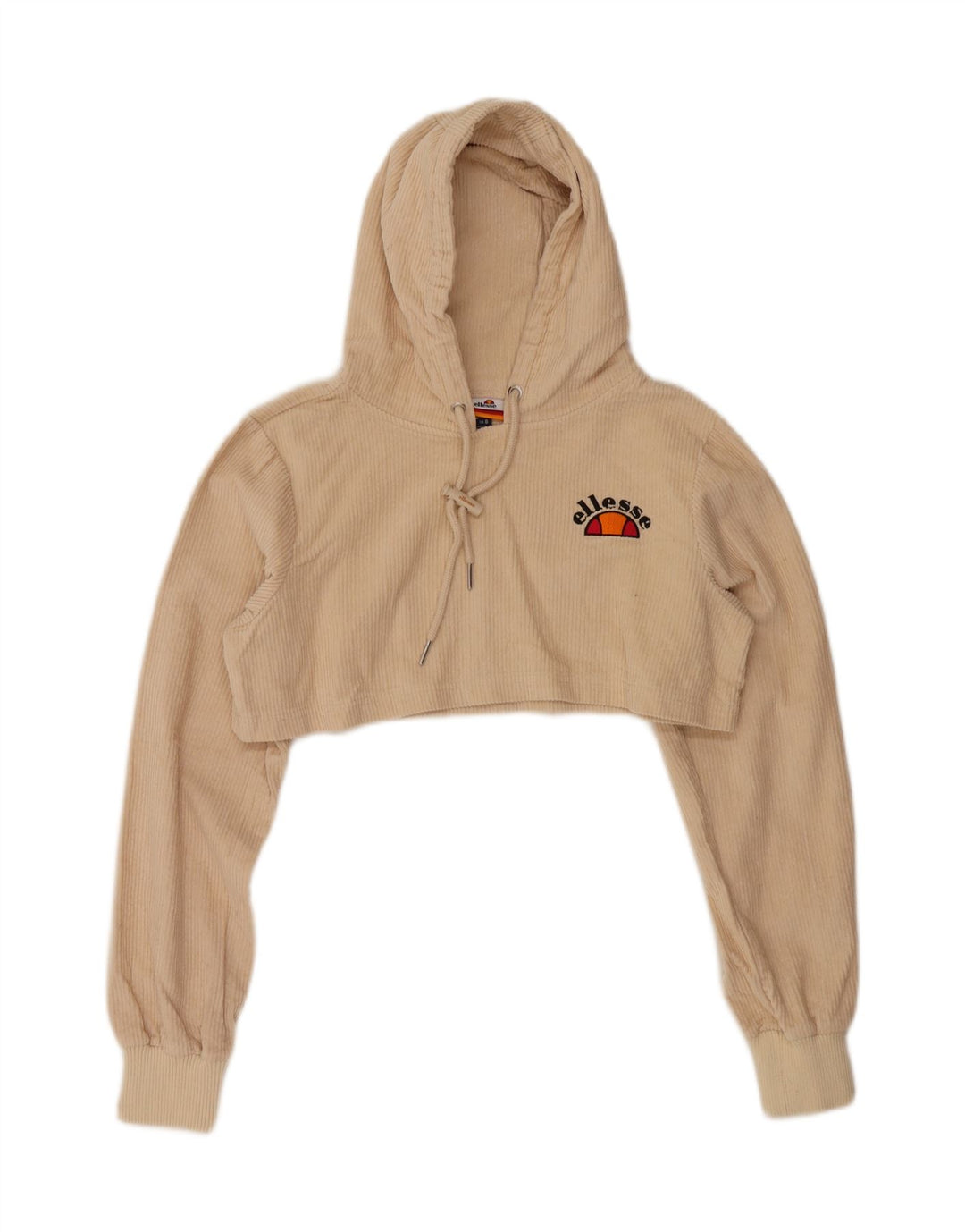 ELLESSE Womens Oversized Crop Hoodie Jumper UK 8 Small Beige Cotton Vintage Ellesse and Second-Hand Ellesse from Messina Hembry 