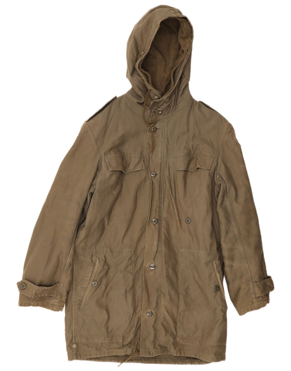 Jaqueta masculina vintage militar com capuz Sherpa Parka Reino Unido 36 algodão cáqui pequeno
